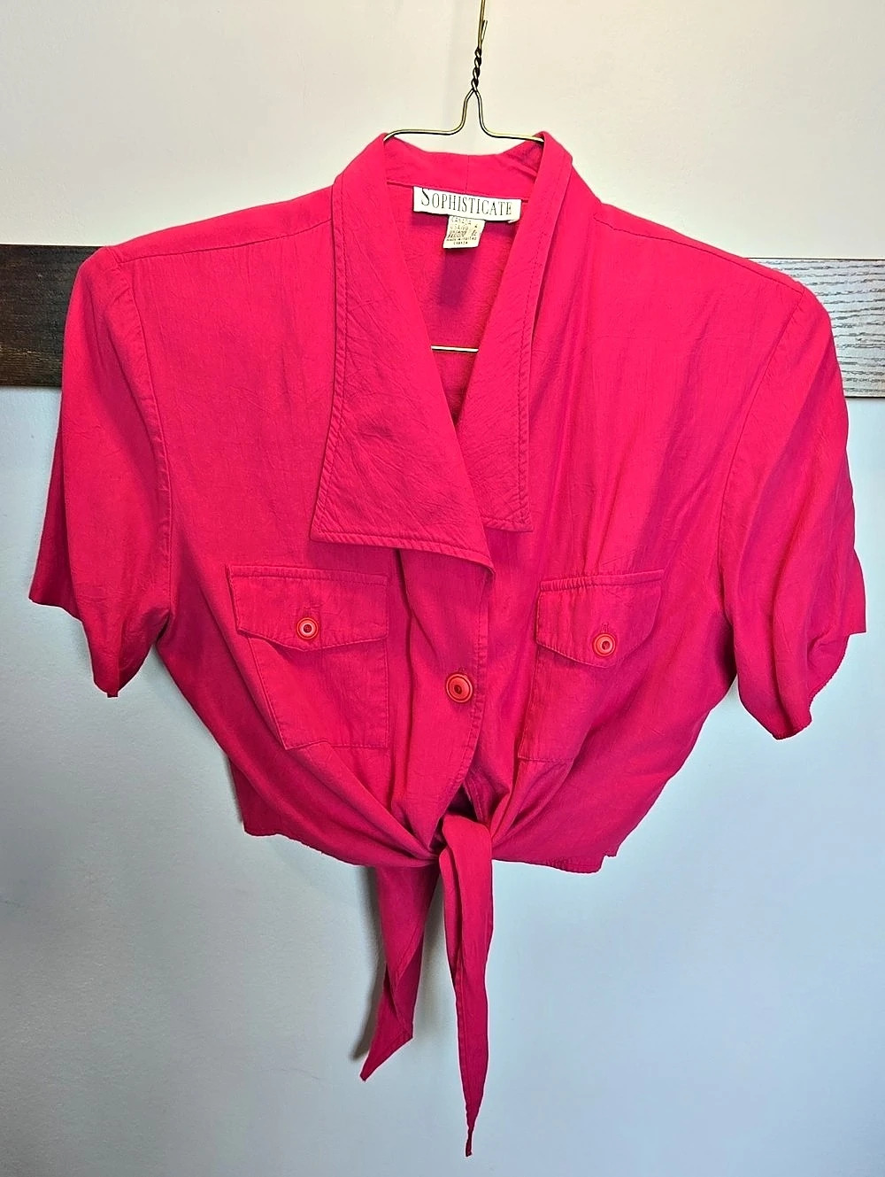 Vtg 80s Shoulder Pad Crop Top Sophisticate Pink Tie-Front Shirt Size Small